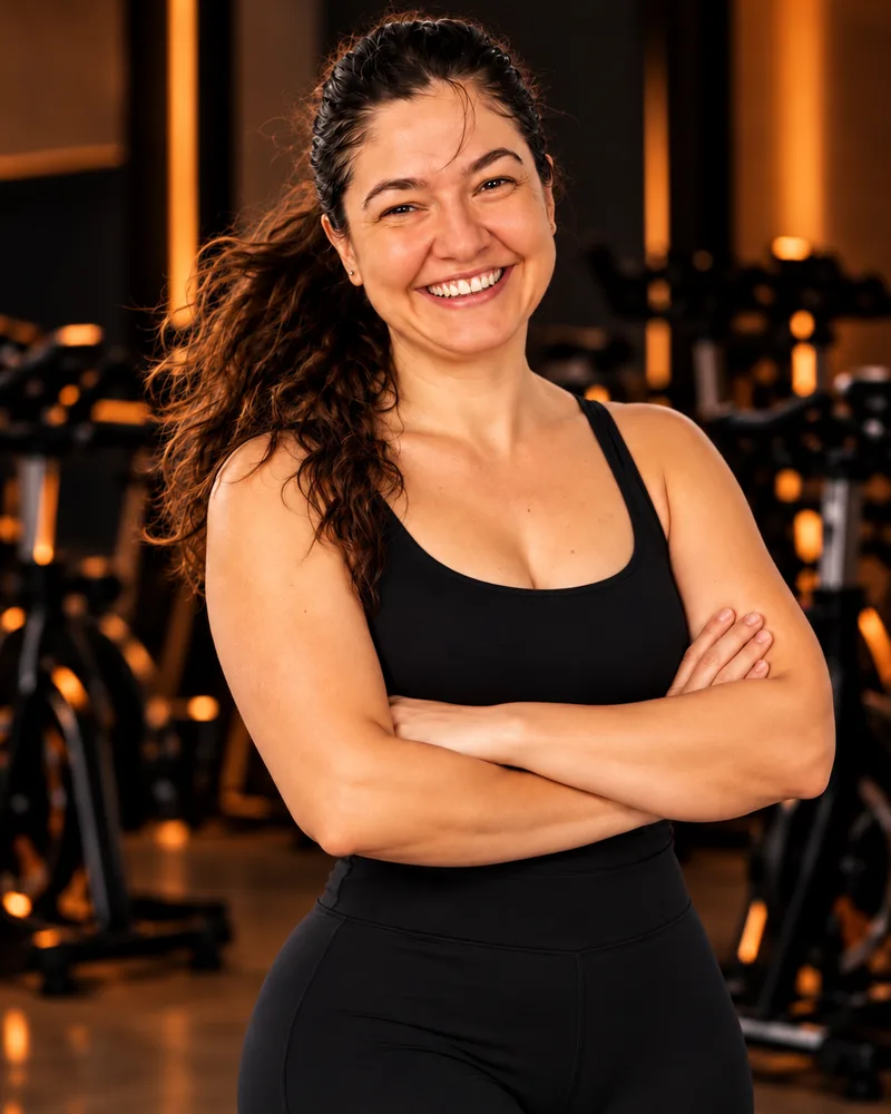Karlla Tancredi sorrindo, de braços cruzados, no estúdio de Bike Indoor.